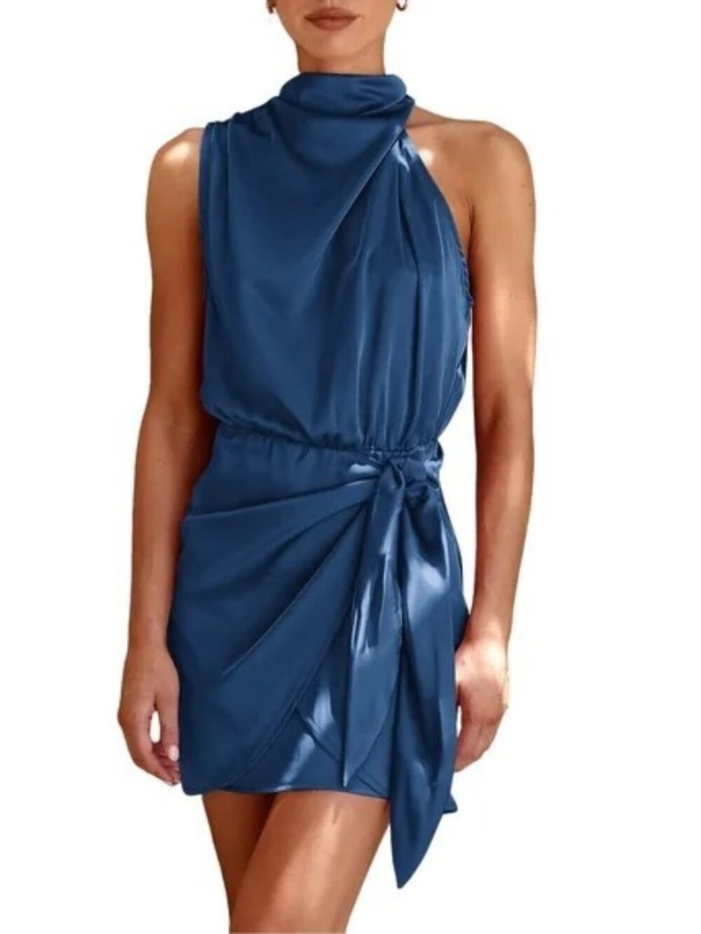 PRETTYGARDEN Women's Short Formal Satin Summer Sleeveless Mock Neck Dress NWT